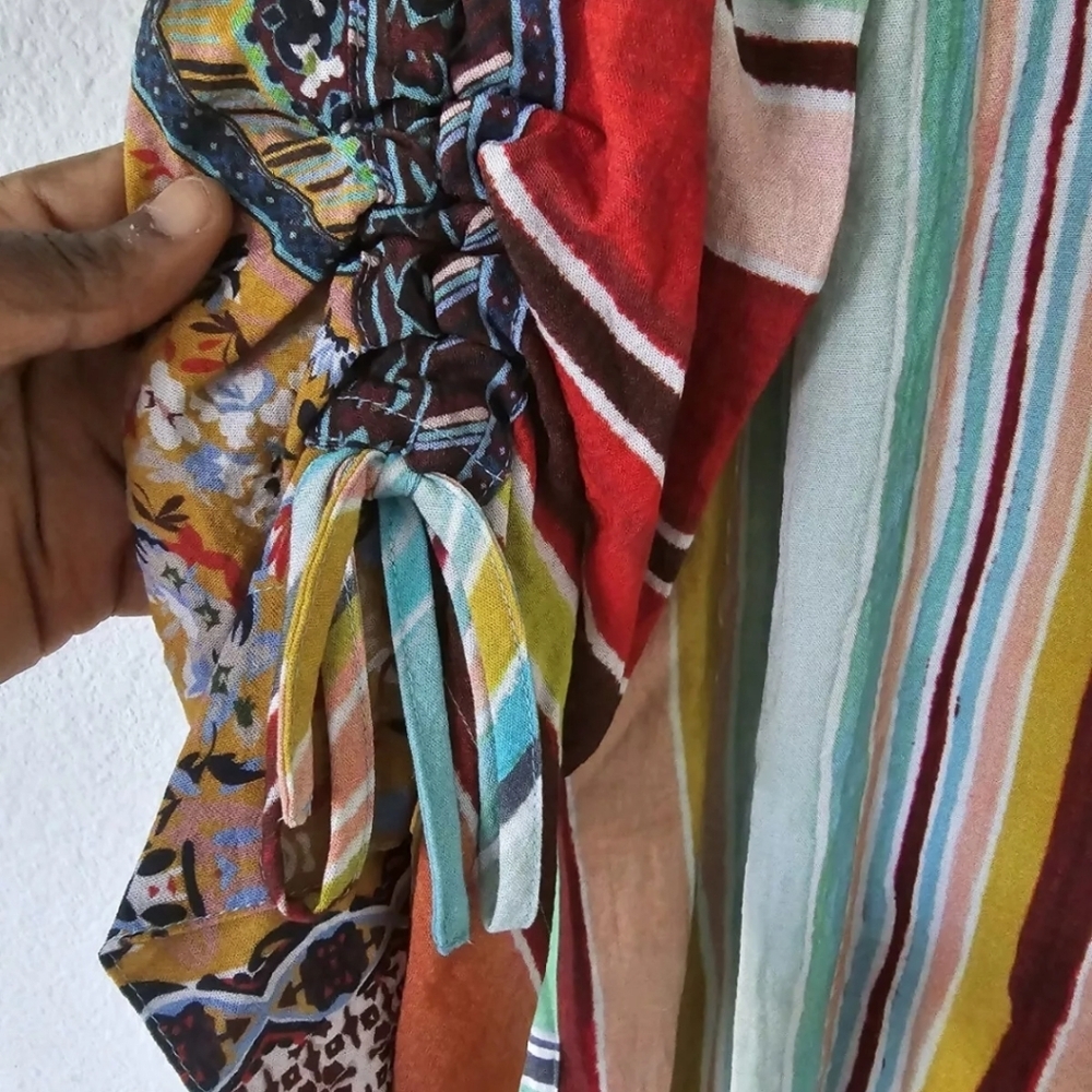 $120 John Mark Shirt Women XL Mixed Print Collared Cinched 3/4 Tie Sleeve Boho - Picture 9 of 14